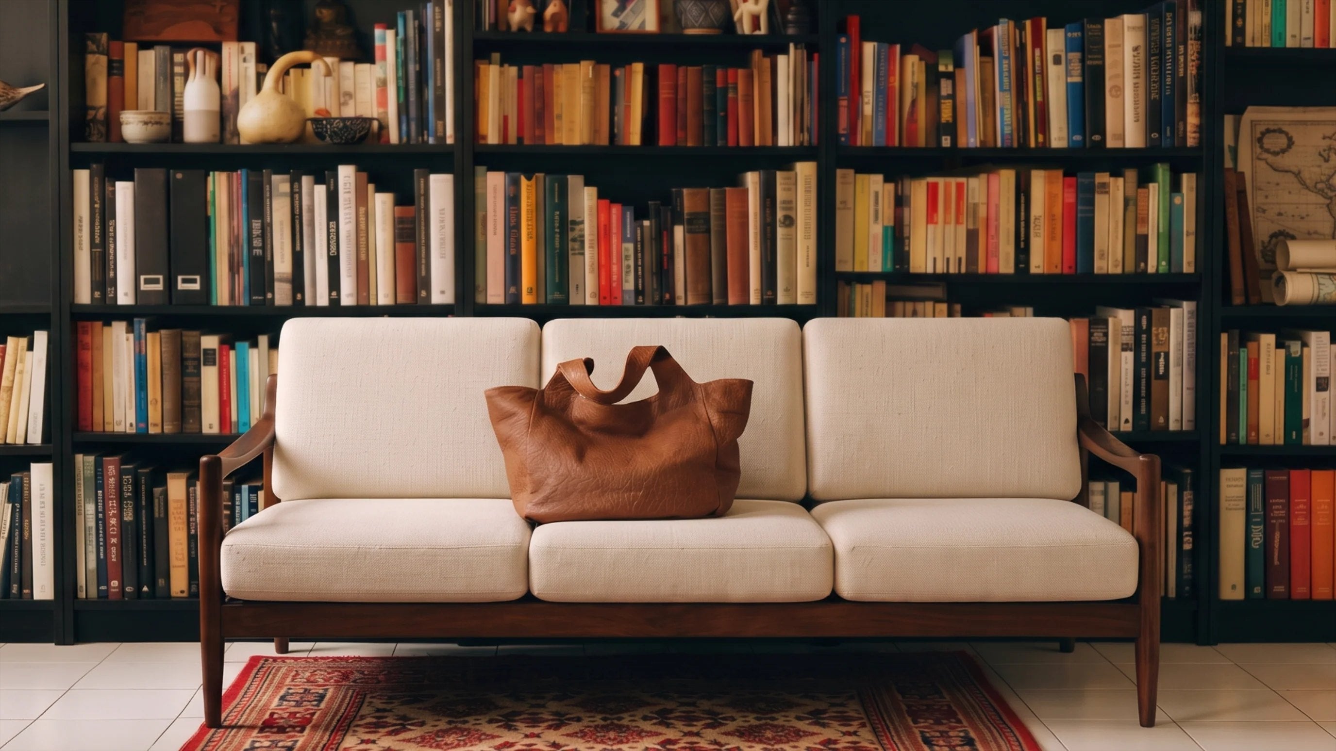 Maya Tote Bag in Sigaro, a large leather tote bag, on a linen sofa