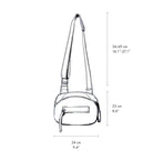 Line drawing of a shoulder bag with dimensions labeled